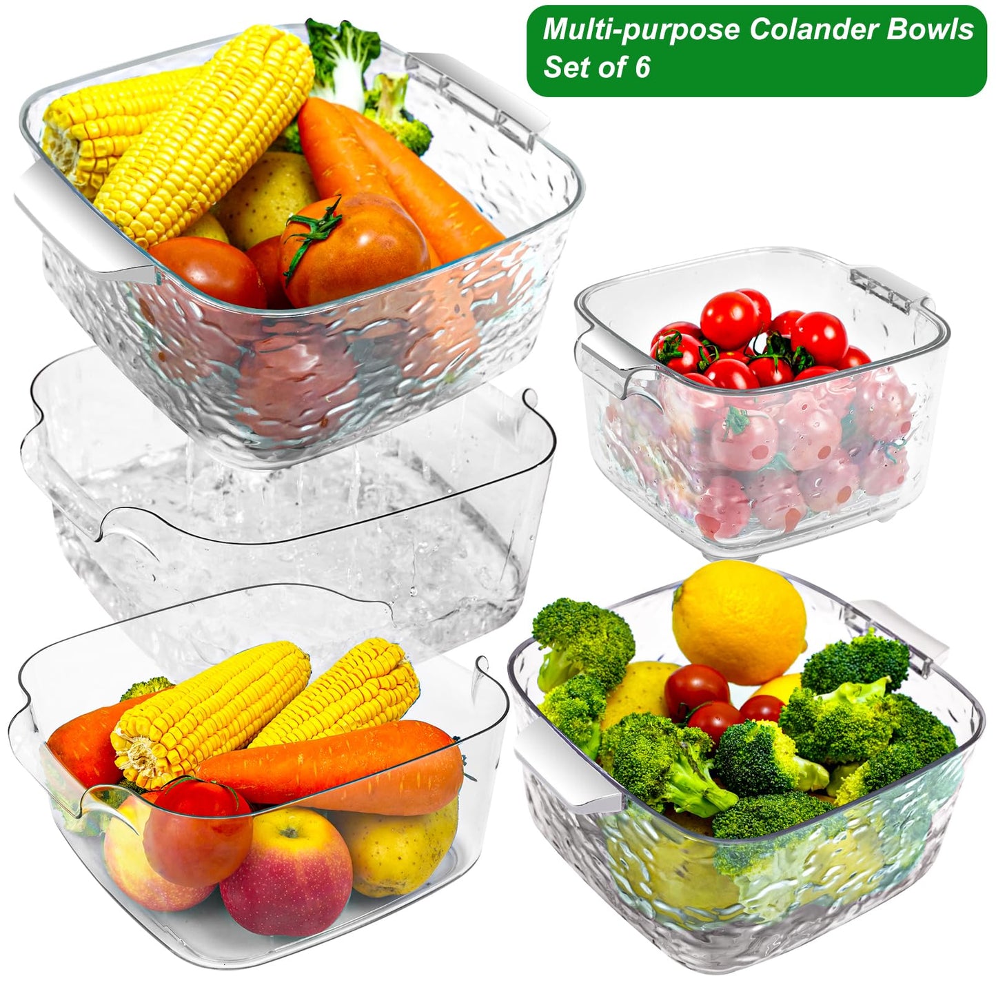 Taiuloo 6-Piece Colander Strainer Bowl Set, BPA-Free Plastic Fruit & Vegetable Washing Basket, Kitchen Colanders & Mixing Bowls for Pasta Berry Salad, 2/3.5/7QT
