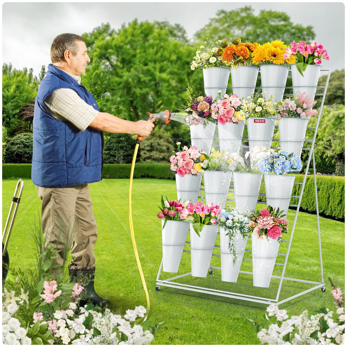 YOEXTO Flower Display Stand 4 Layers with 16 PCS Round Buckets, Plant Stand with Wheels, Movable Metal Plant Stand for Terrace Garden, Florist Shop
