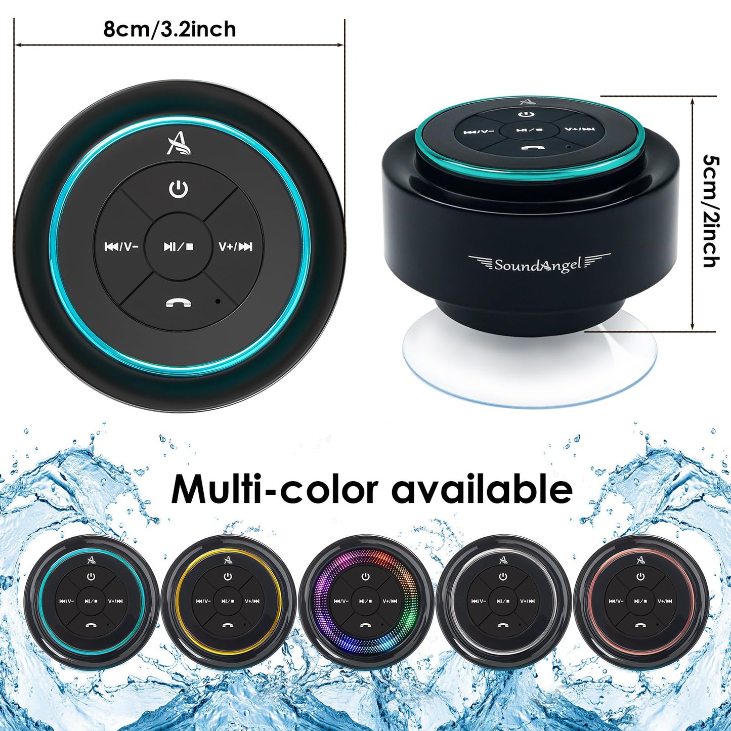 XLeader, Upgraded, Pro Shower Speaker, Certified IPX7 Waterproof Bluetooth Speaker with Suction Cup, Hook Clip, Built-in Mic, Crystal Sound&Rich Bass, up to 12H Playtime, Ideal Gifts - SoundAngel Mate