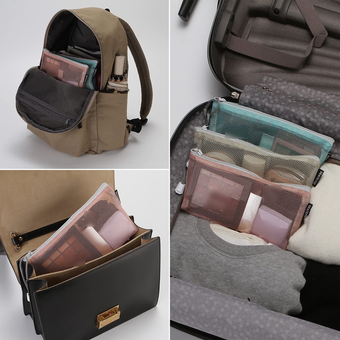 Sea Team 6pcs Multicolored Portable Travel Toiletry Pouch Nylon Mesh Cosmetic Makeup Organizer Bag with Zipper, Colorful