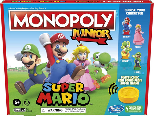 Monopoly Junior Super Mario Edition Board Game, Fun Kids' Ages 5 and Up, Explore The Mushroom Kingdom as Mario, Peach, Yoshi, or Luigi (Amazon Exclusive)