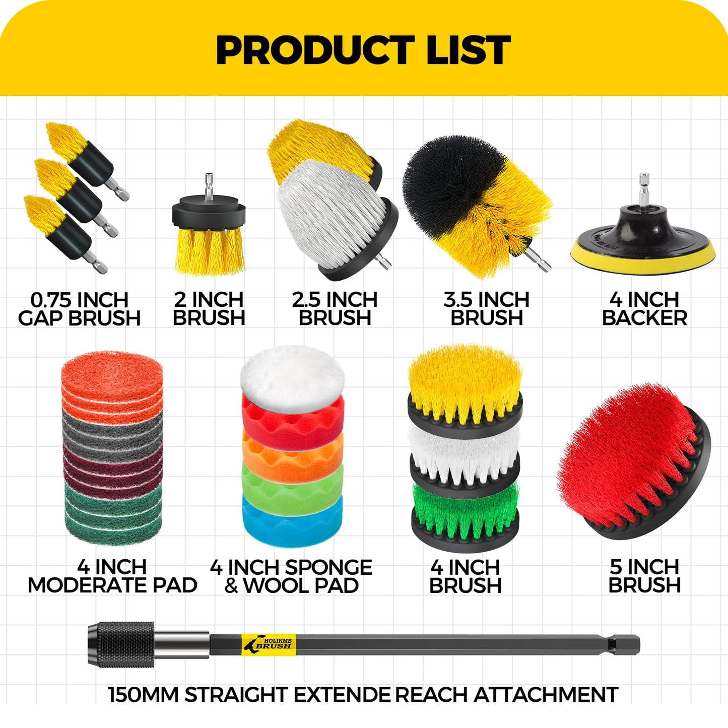Holikme 30Pack Drill Brush Attachments Set,Scrub Pads & Sponge, Power Scrubber Brush with Extend Long Attachment All Purpose Clean for Grout, Tiles, Sinks, Car Polishing Pads