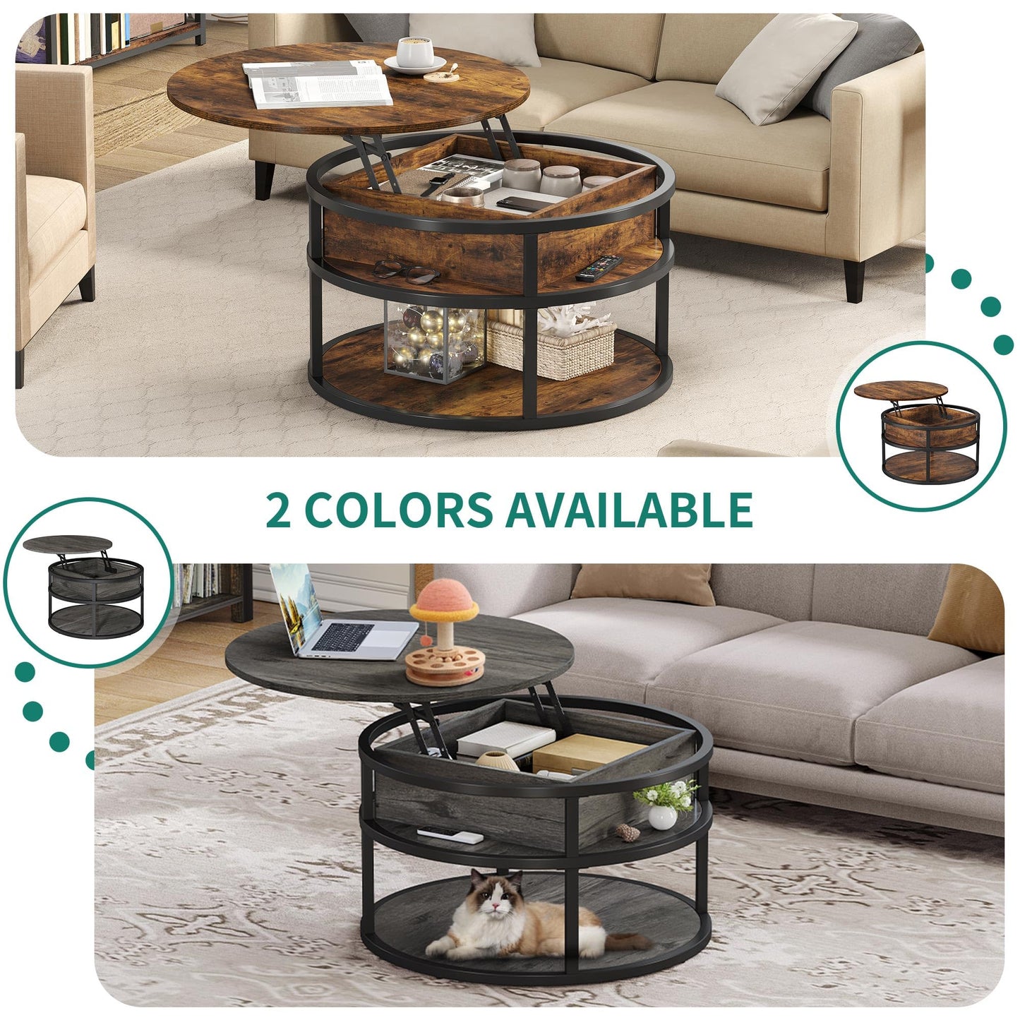 YITAHOME Round Lift Top Coffee Table with Storage, Brown Farmhouse Coffee Tables for Living Room Modern Coffee Table with Hidden Storage Compartment, Round Center Tables Living Room Home Office, Brown