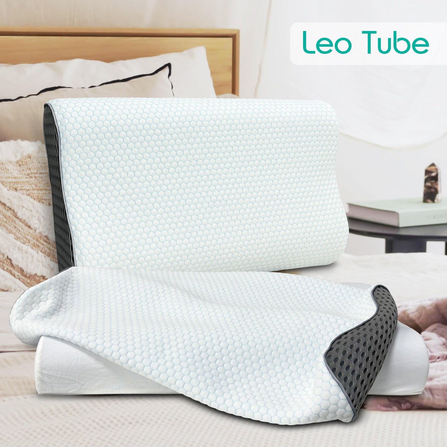 LeoTube Cervical Pillow Case for Neck Pillows, Compatible with Pillows for Neck and Shoulder Pain & Cervical Neck Pillows for Sleeping-Cover ONLY (White+Gray)