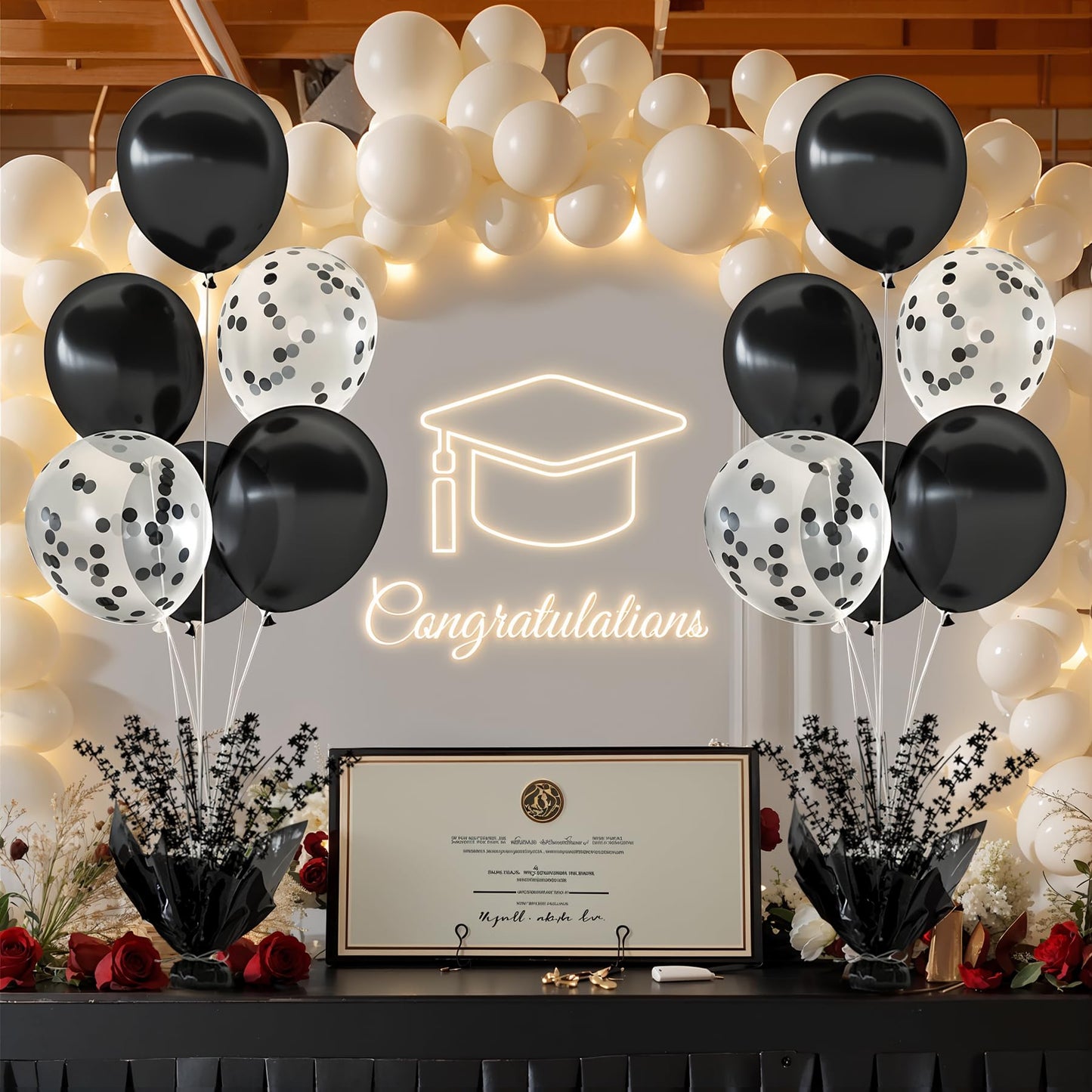 2 Set Black Table Balloons Foil Spray Centerpiece with Black and Confetti Balloons Stand Kit for Birthday Party Baby Shower Wedding Bridal Shower Prom Retirement Graduation Table Decorations