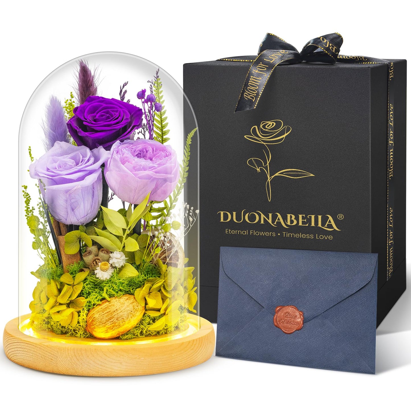 Preserved Flowers Gifts for Women Eternal Rose In Glass Dome Light Up Flower Real Rose Eternal Flowers for Decoration Long Lasting Forever Preserved Glitter Roses Unique Gift on All Occasions(Purple)