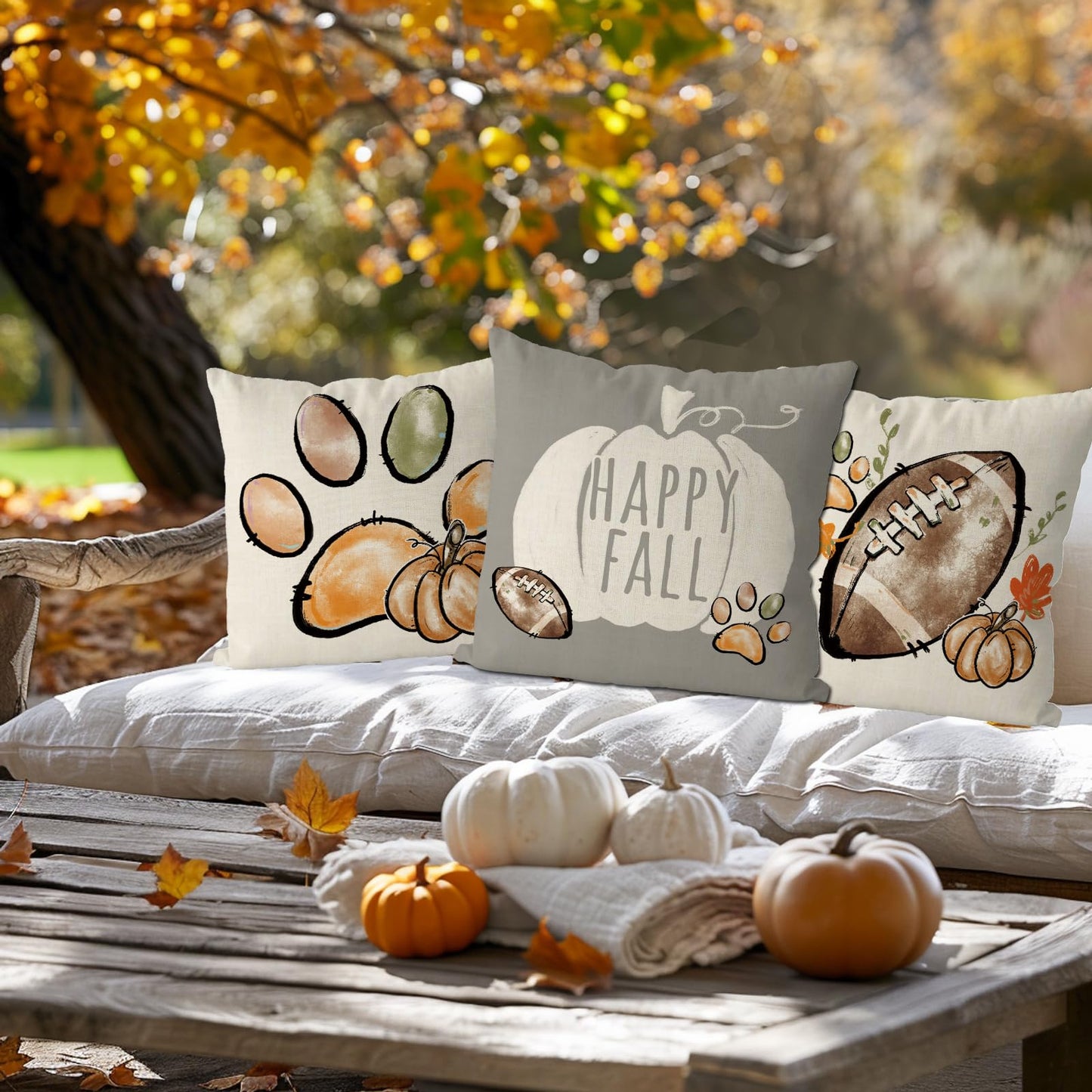 QIONG MENG Fall Pillow Covers 18x18 Inch Set of 4 Football Dog Paws Throw Pillow Covers Pumpkins Autumn Harvest Pillowcase Farmhouse Home Decorations Sofa Bedroom Cushion Case