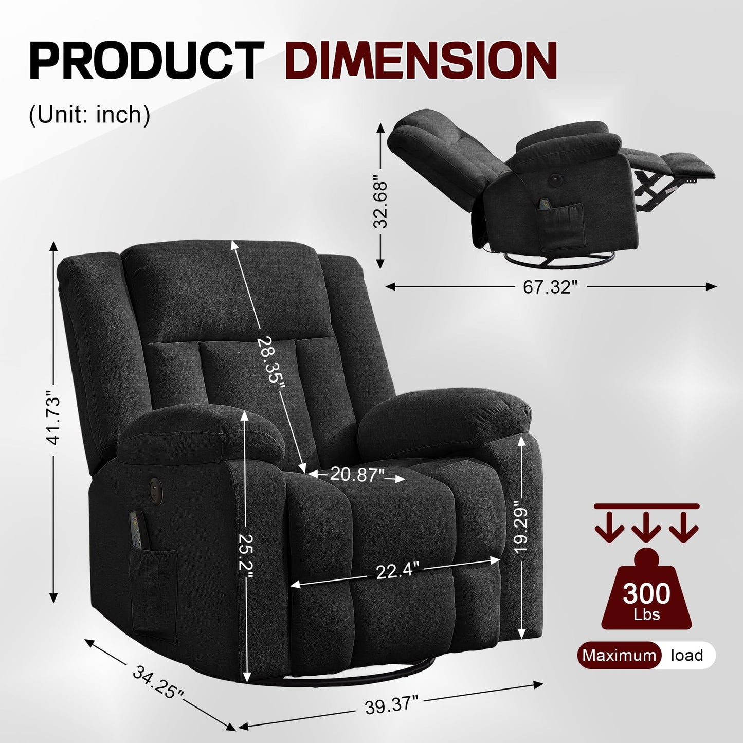 Korser Rocker Recliner, Glider Recliner Chairs for Adults, 360° Swivel Rocking Chair with Massage and Heating, Nursery Chair with Storage and USB Charging for Living Room, Bedroom, Nursery