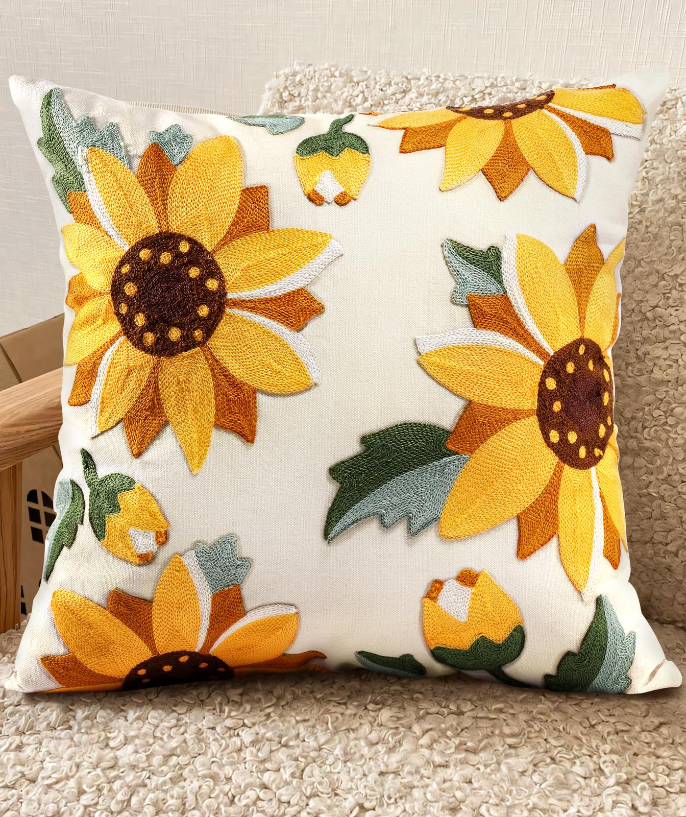 Kokaaee Embroidered Throw Pillow Cover - 18x18 inch Decorative Pillow Covers with Zipper Pillow Cover for Living Room Couch Sofa Bed Aesthetic Design Sunflower Linen Cotton Pillowcase Covers