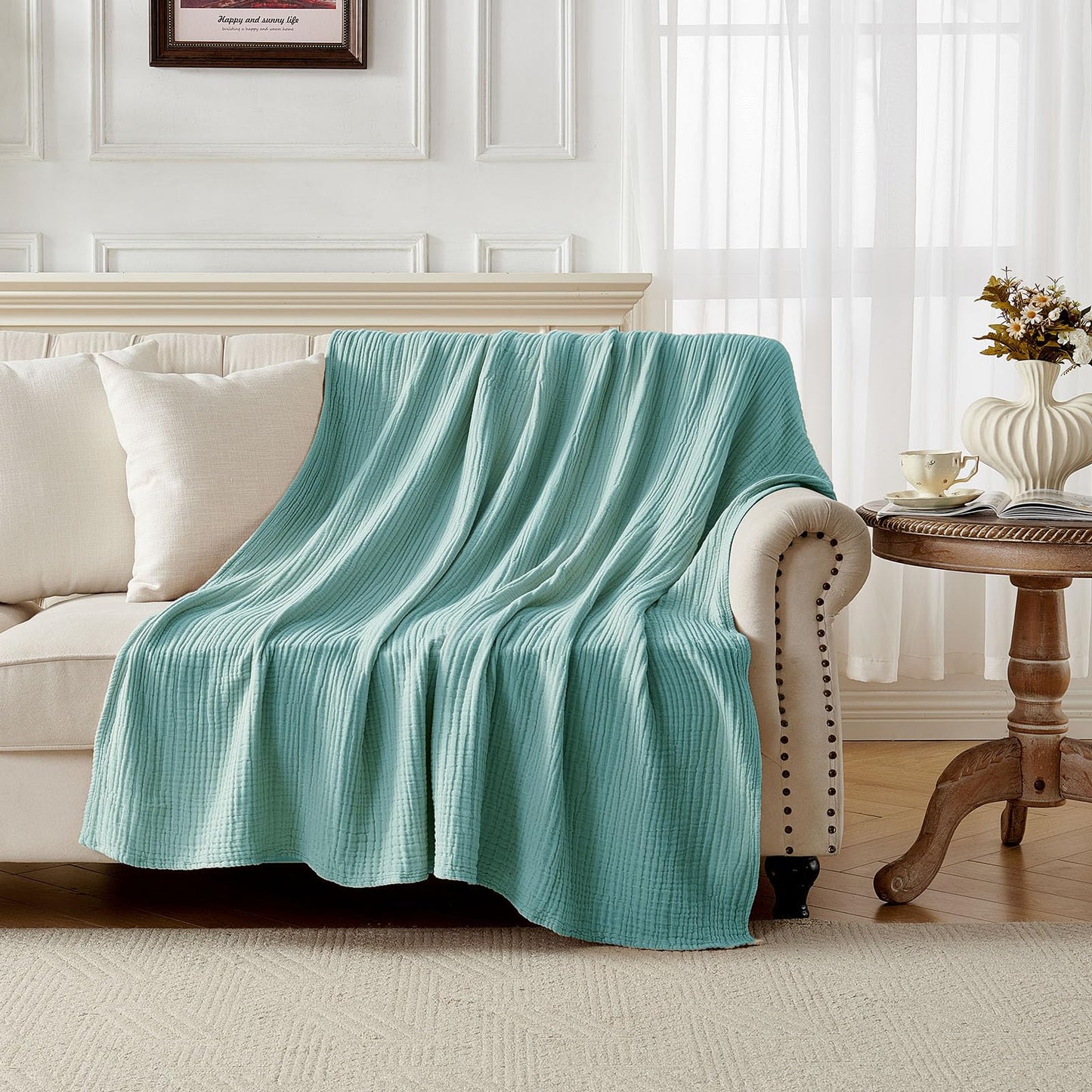 Joydeco 100% Cotton Muslin Throw Blanket for Couch Bed and Sofa, 4-Layer Lightweight and Breathable Soft Gauze Blanket for All Season, Luxury Throws Cotton Blanket Gift(Teal, 55"x75")