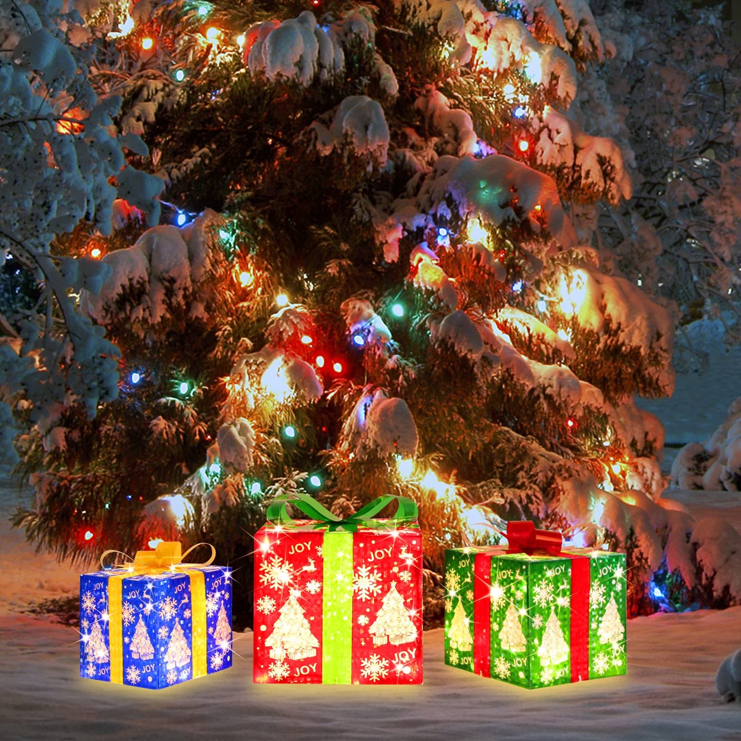 JUSTPRO [Large 8.5x7x6 Inches] 3 Piece Lighted Gift Boxes Christmas Decorations with 70 Super-Bright LED Warm White Lights with Flashers,for Indoor and Outdoor Holiday Party Christmas
