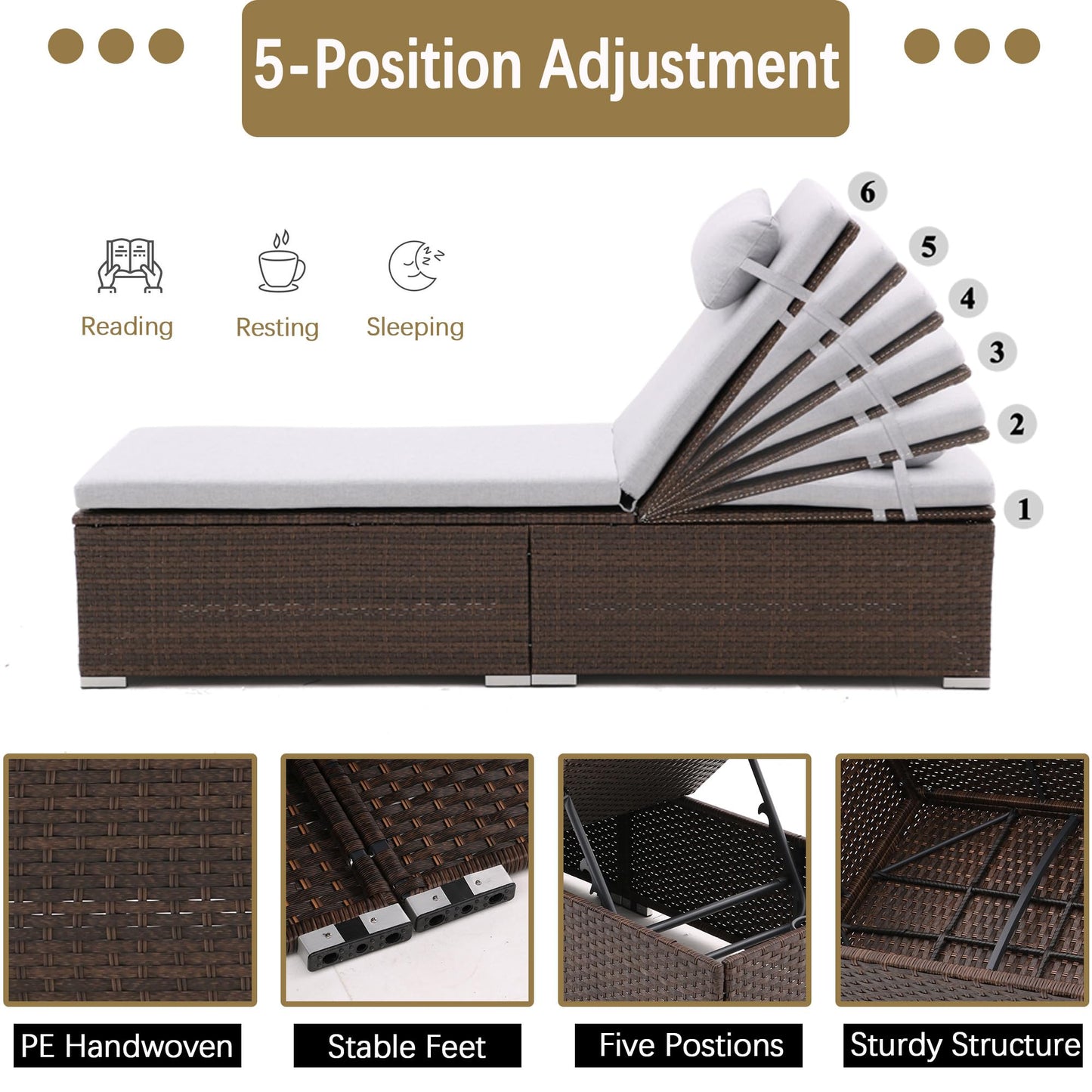 iArtHand 3 Pcs Patio Chaise Lounge with Coffee Table Cushion&Pillow Outdoor Lounge Chair Chaise Lounger Patio Reclining Chair 5 Angle Adjustment Brown Rattan for Courtyards Poolside Garden