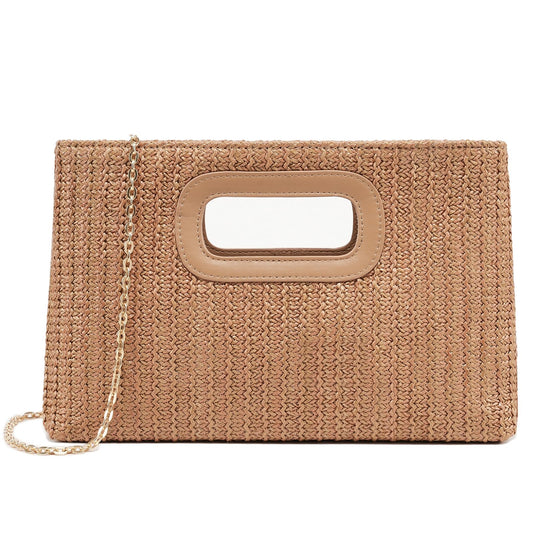 Straw Purse Top Handle Clutch Bag, Woven Beach Shoulder Crossbody Bag Raffia Handbag for Summer Vacation, Parties, Wedding, Tan