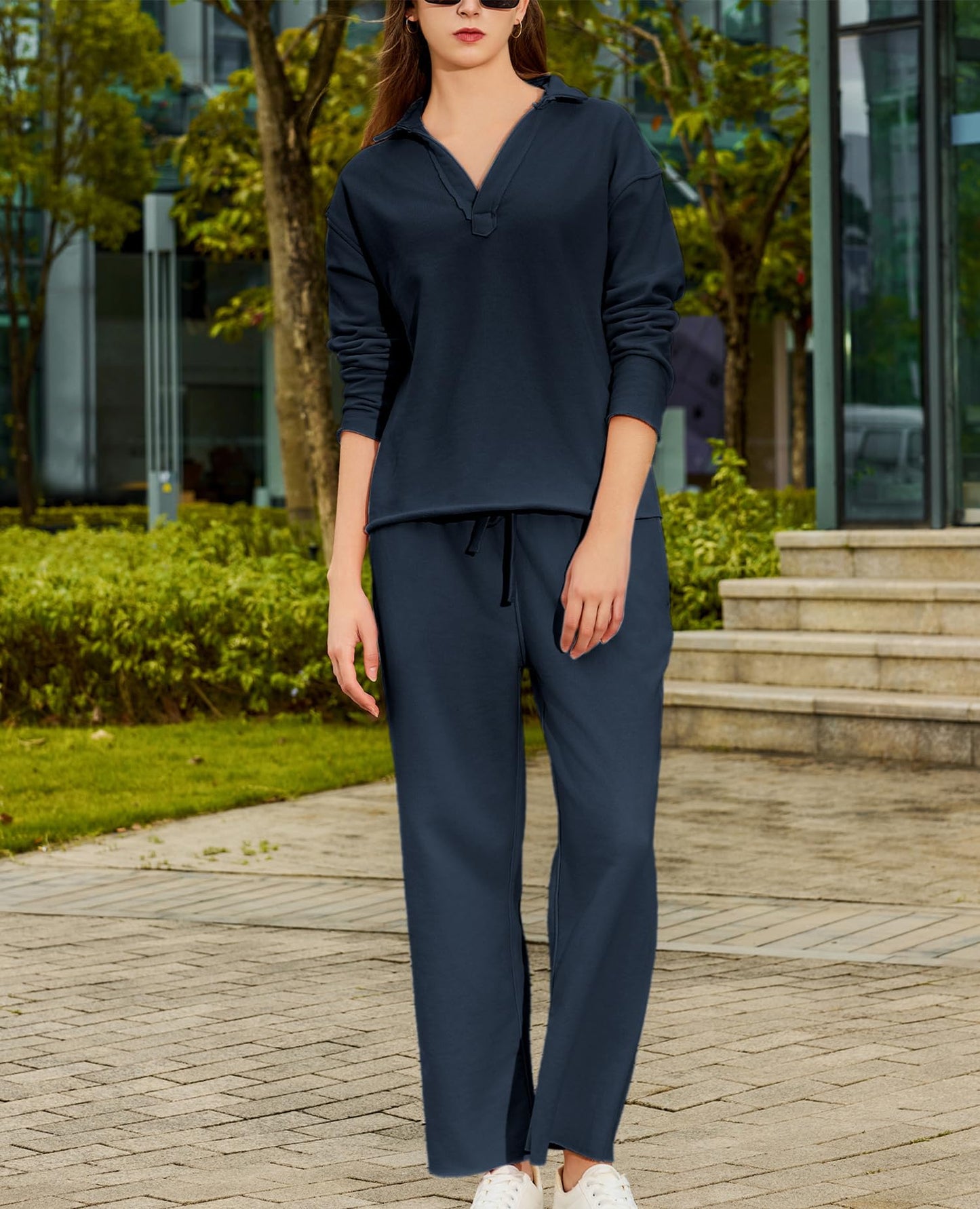 Yioaga Women Tracksuits 2 Piece Set Carmel Travel Set Patrick Pullover Sweatshirt Catherine Sweatpants Casual Lounge Outfit(Navy,XL)