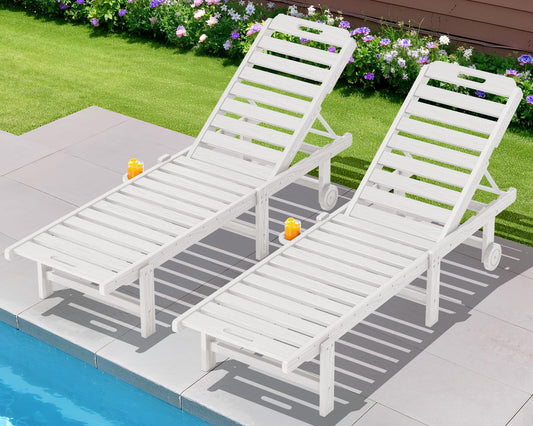 SERWALL Patio Chaise Lounge Set of 2, HDPE Outdoor Lounge Chair with Cup Holder, 5 Positions Adjustable Pool Lounge Chair with Rolling Wheels for Poolside, Deck, Sunbathing, White