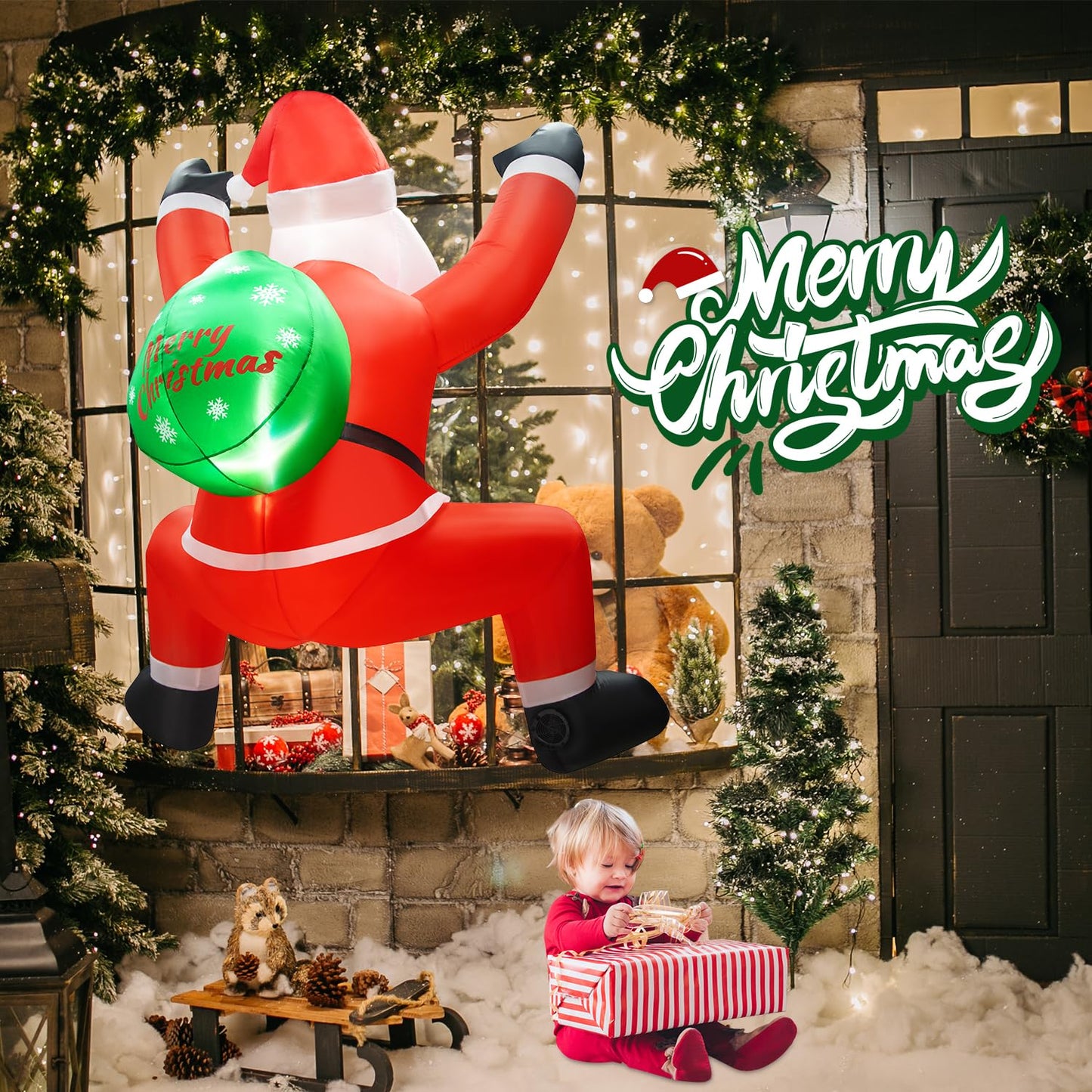 6FT Christmas Inflatable Decorations Hanging Santa Built-in Bright LEDs, Climbing Santa Claus with Gift Bag Christmas Roof Blow Up Yard Inflatables Decoration for Window Wall Outdoor Xmas New Year