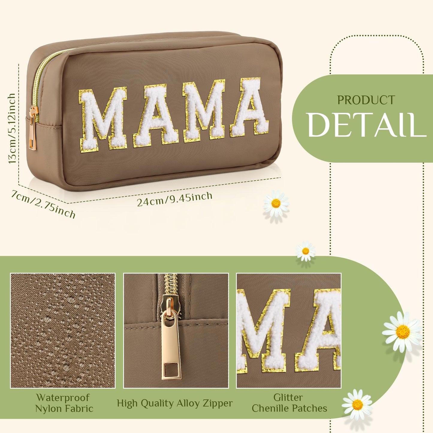 Sanwuta 2 Pieces Mama Gifts Makeup Bag Mom Birthday Gifts Nylon Cosmetic Bag Mothers Day Appreciation Toiletry Preppy Patch Chenille Letter Pouch for Women Her New Mom(Camel, White,Baby and Mama)