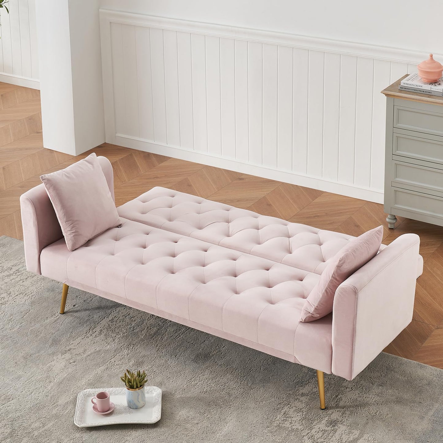 71" Modern Velvet Sofa Bed Futon, Convertible Sleeper Couch with Adjustable Backrest, Tufted Recliner Loveseat with Golden Chrome Legs & 2 Pillows for Small Spaces, Living Room, Apartment (Pink)