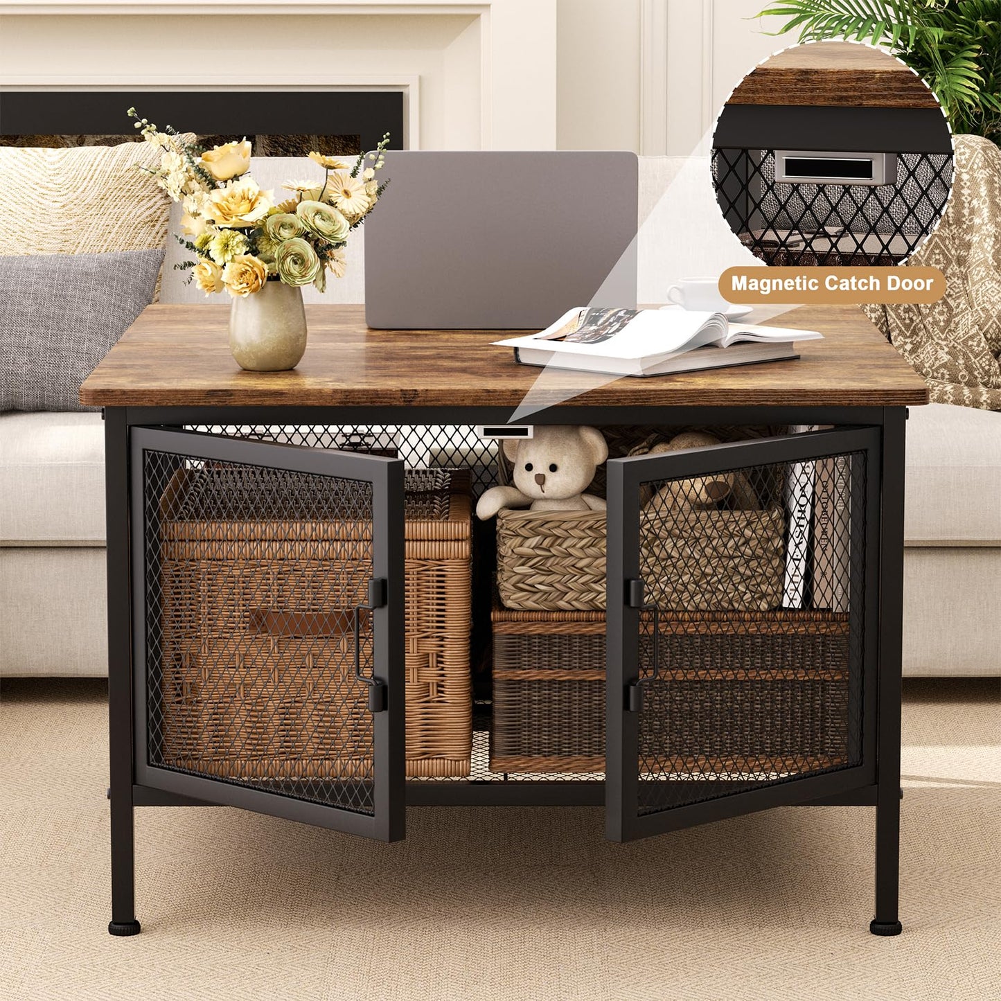 FABATO Lift Top Coffee Table, Square Coffee Table Metal Wood, Farmhouse Lift Up Coffee Tables Cocktail Table with Wire Mesh Barn Door and Storage, Steel Frame, Small Tea Table for Living Room, Black