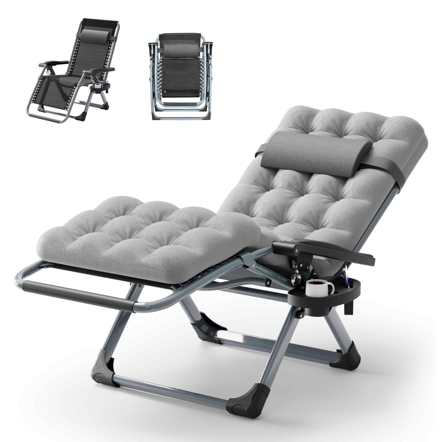 Seeutek Outdoor Zero Gravity Chair - Adjustable Steel Mesh Folding Recliner with Removable Extra Thick Cushion and Upgraded Lock and Cup Holder for Patio, Camping, Indoor, Outdoor - Grey