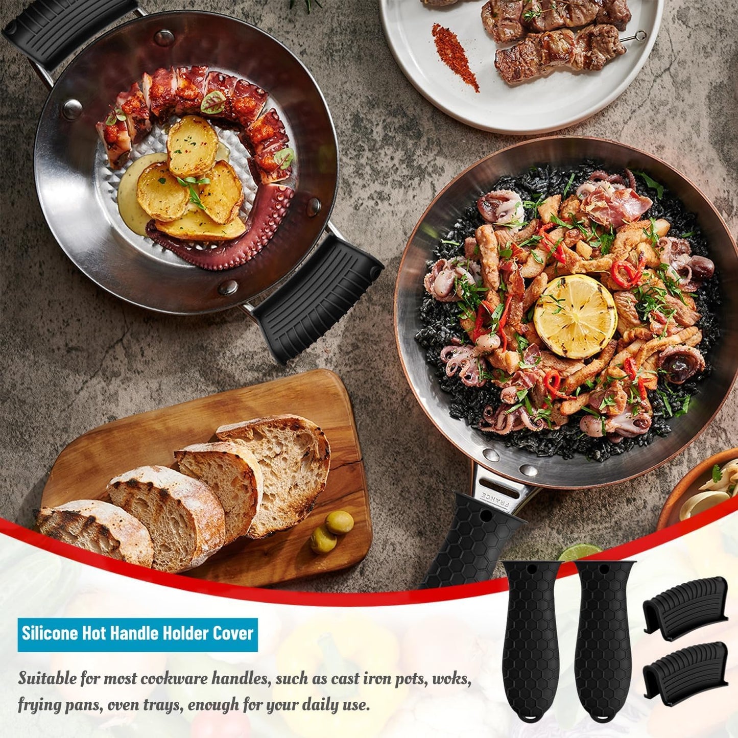 4 Pack Silicone Hot Handle Holder Cover Cast Iron Handle Cover Silicone Pot Holders Heat Resistant Assist Pan Handle Sleeve Non-Slip Pot Handle Covers for Cast Iron Skillet Metal Pan(Black)