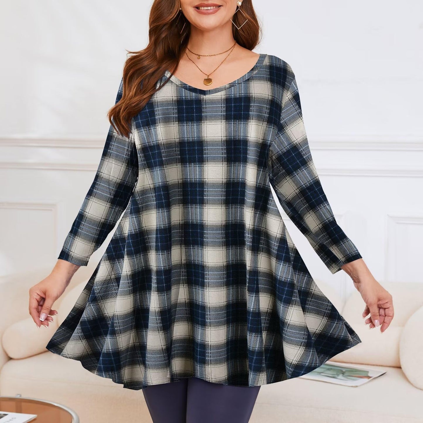 LARACE Plus Size Tops for Womens Plaid Shirts 3/4 Sleeve V Neck Tunics Loose Fit Clothing Flowy Casual Blouses(6-Khaki 2X)