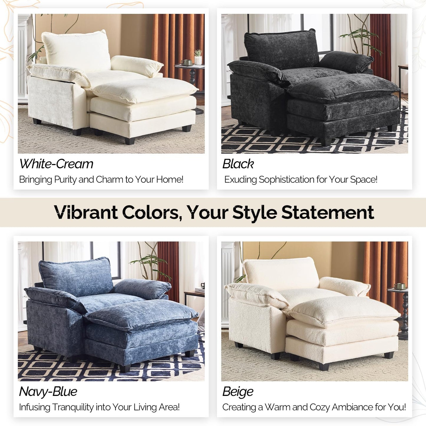 VINGLI Oversized Sofa Chair and a Half with Deep Seat & Movable 2-Layer Ottoman Set, Comfy Cloud Sofa Bed with Chaise, 1-Seater Modular Sectional Sleeper Couch for Living Room, Teddy-Fleece, Beige