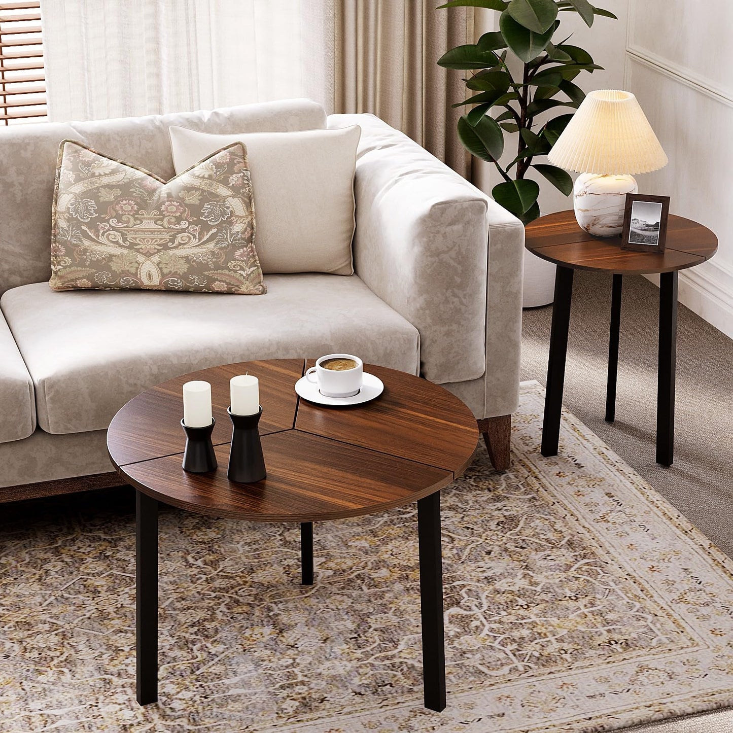 HOMPUS Nesting Coffee Table, 23.6'' Modern Coffee Table Sets, Nesting Tables Set of 2, Round Coffee Table Set 2, Nesting Tables for Living Room, Dining Room (Walnut)