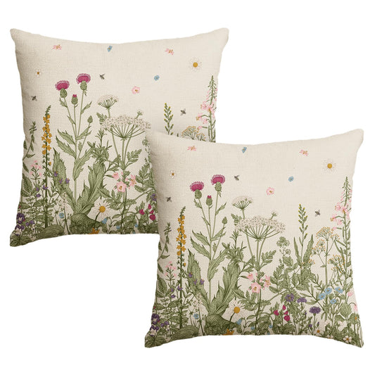 AVOIN colorlife Wildflowers Spring Throw Pillow Cover Set of 2, 18 x 18 Inch Flower Cushion Case Decoration for Sofa Couch