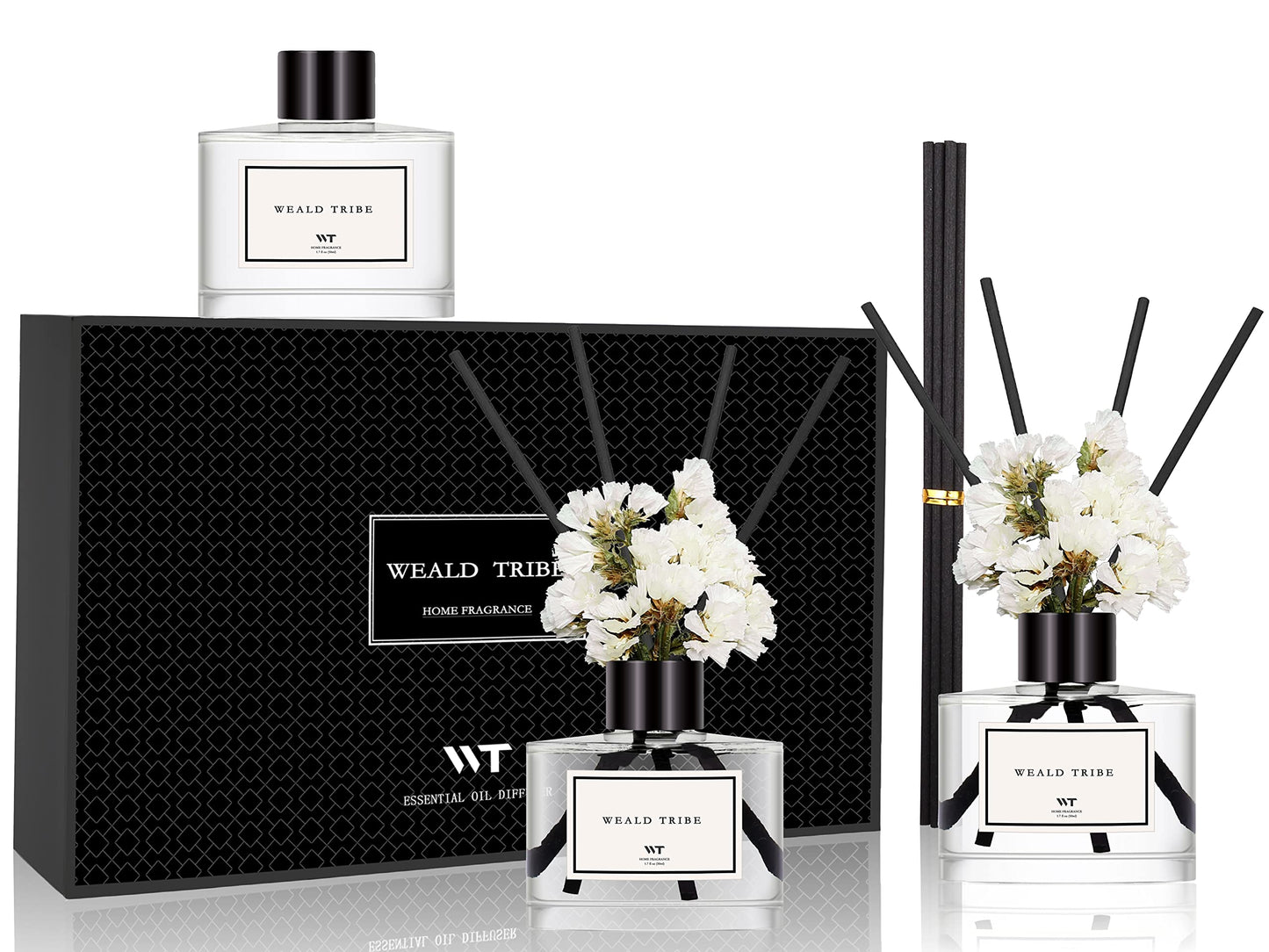 WEALD TRIBE Real Flower Reed Diffuser Set of 3 for Bathroom Air Fresheners, Oil Defusers | Fresh Linen/Ocean/Eucalyptus & Mint Scent(1.7 fl oz Each Pack) Home Fragrance with 12 Stick | Shelf Decor