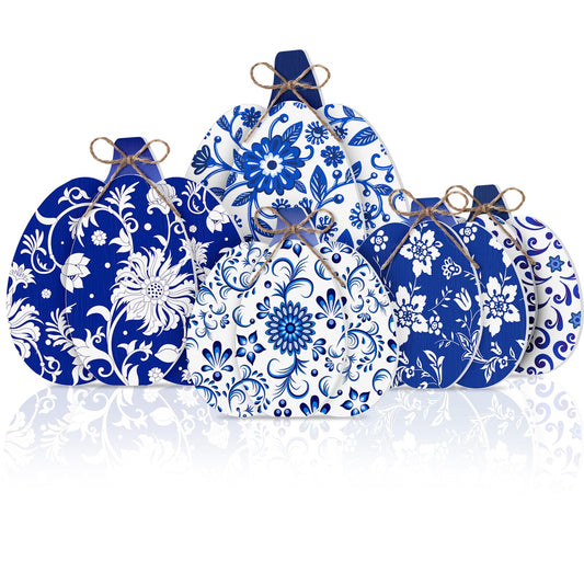 Moucuny 5 Pcs Blue and White Porcelain Pumpkin Decor Chinoiserie Porcelain Fall Pumpkin Sign Autumn Farmhouse Rustic Tiered Tray Decorations Table Centerpieces Standing Wooden Block for Home Kitchen