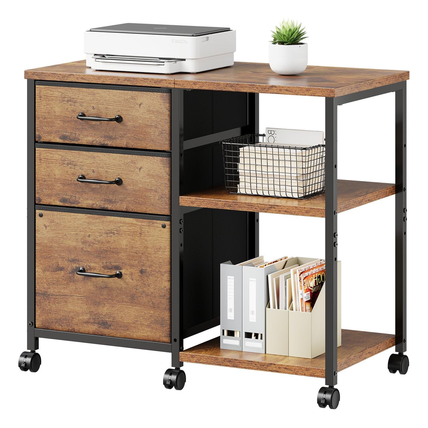 Maihail 3 Drawer File Cabinet with Wheels Rolling Printer Stand with Open Storage Shelf Fabric Lateral Filing Cabinet for Home Office,Rustic Brown2