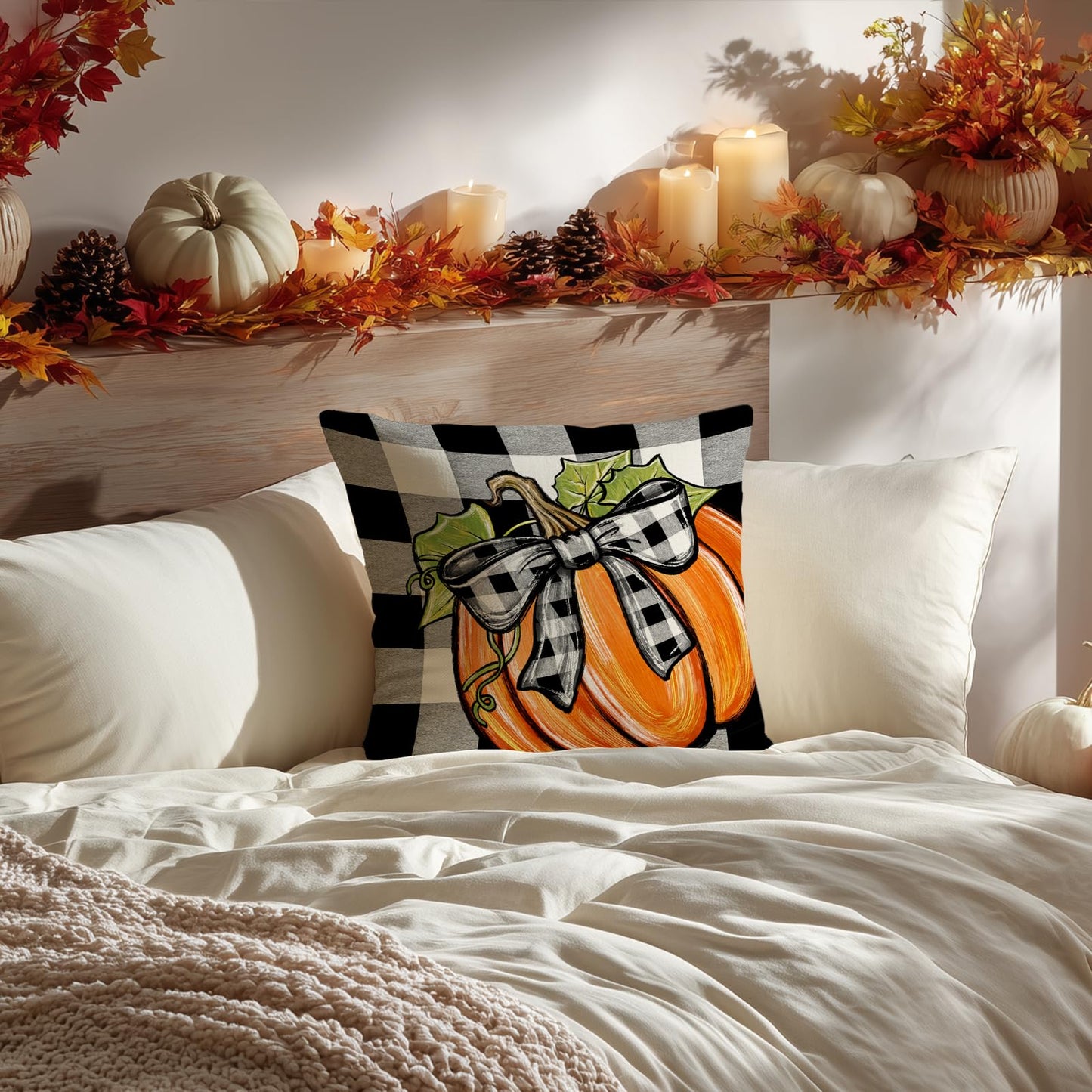 AACORS Fall Pillow Cover 18x18 Inch Pumpkin Bowknot Decorations Farmhouse Buffalo Plaid Autumn Throw Pillow Case Decor for Home Sofa Couch AA734-18