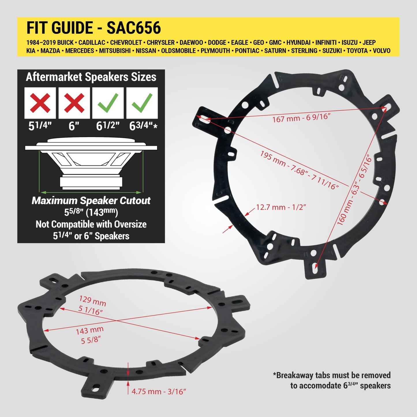 Scosche SAC656 6.5-6.75” Speaker Adapters Compatible with Select 1988-19 Chrysler, Dodge, Jeep & Plymouth Vehicles - 6 1/2" to 6 3/4" Adapter for Car Door Speakers - 1 Pair - See Guide for Vehicle Fit