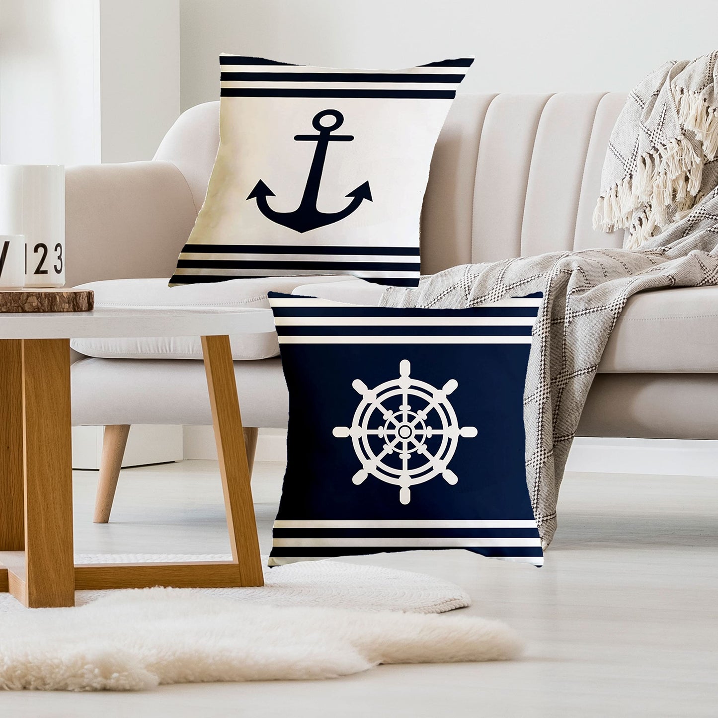 SLHETS Navy Blue Ocean Boat Anchor Throw Pillow Covers 18x18' White Navigation Cushion Case for Sofa Bedroom Cushion Home Decor Set of 2