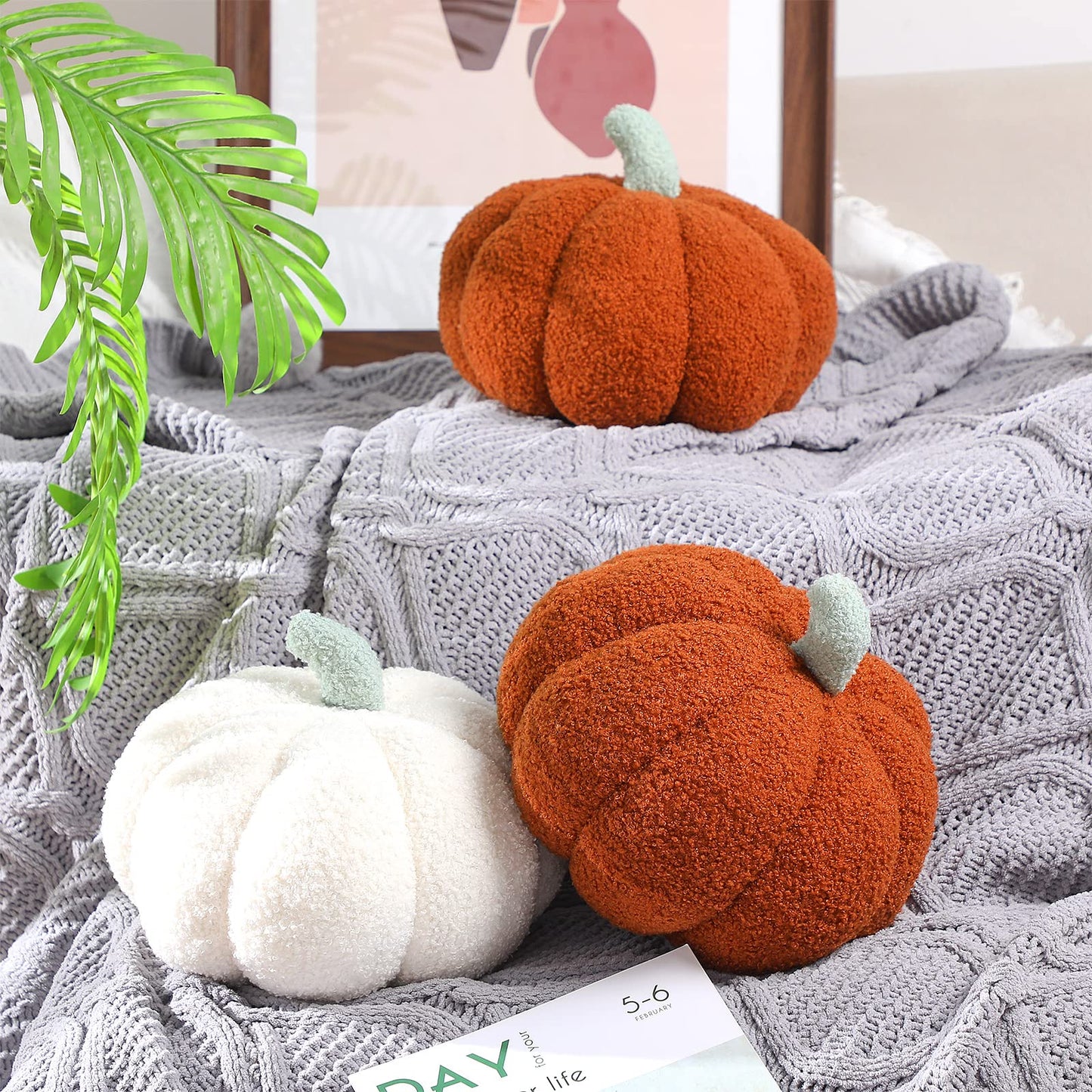 2 Pieces Simulated Pumpkin Pillow Plush Pillow 3D Pumpkin Shaped Pillow Cozy Fall Decorations Stuffed Throw Pillows for Thanksgiving Christmas Halloween Bedroom Sofa Couch Supplies (White, Brown)