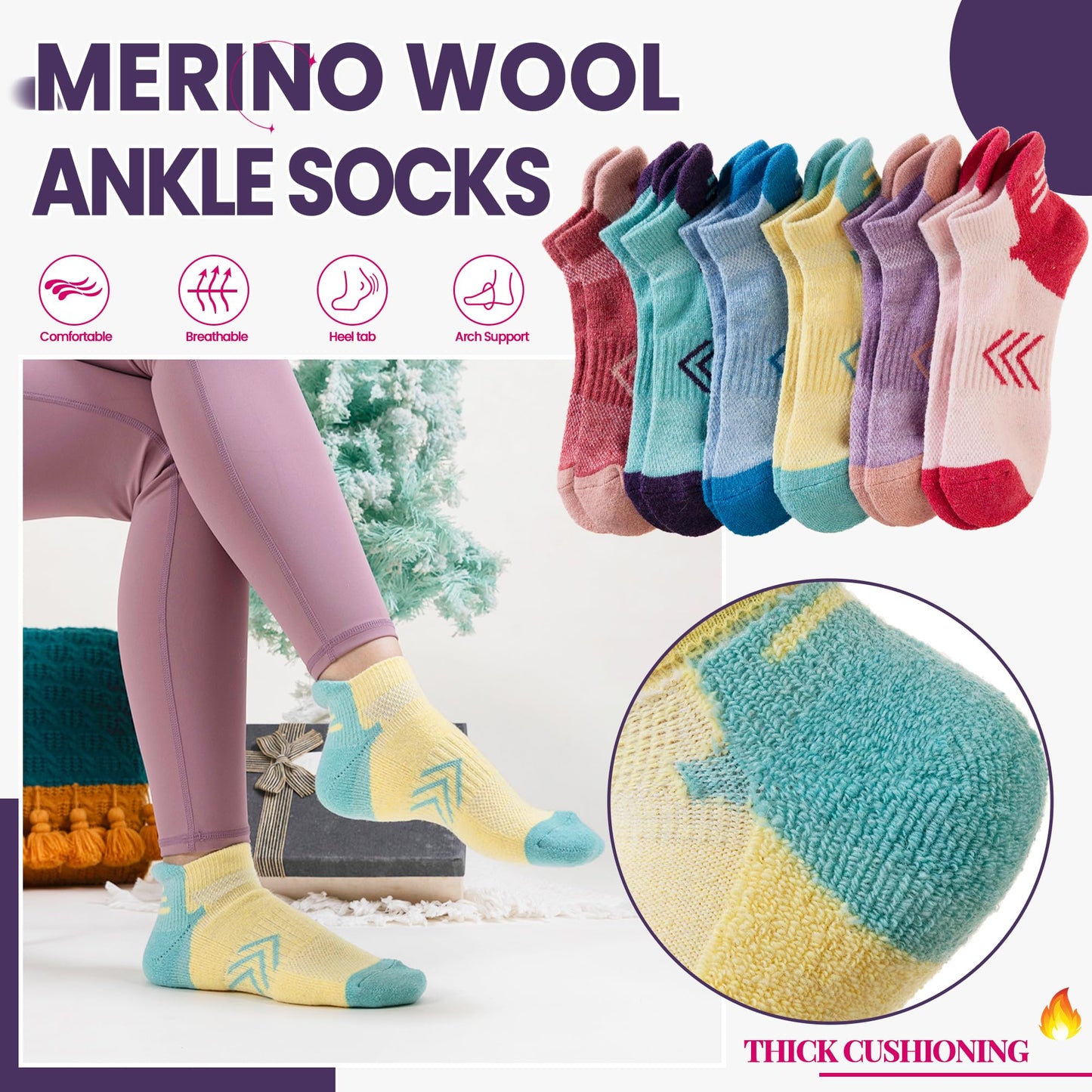 Velice Merino Wool Ankle Hiking Running Socks for Women Compression Support Thick Athletic Cushion Breathable No Show Socks 6 Pairs(Multicolor, Medium)