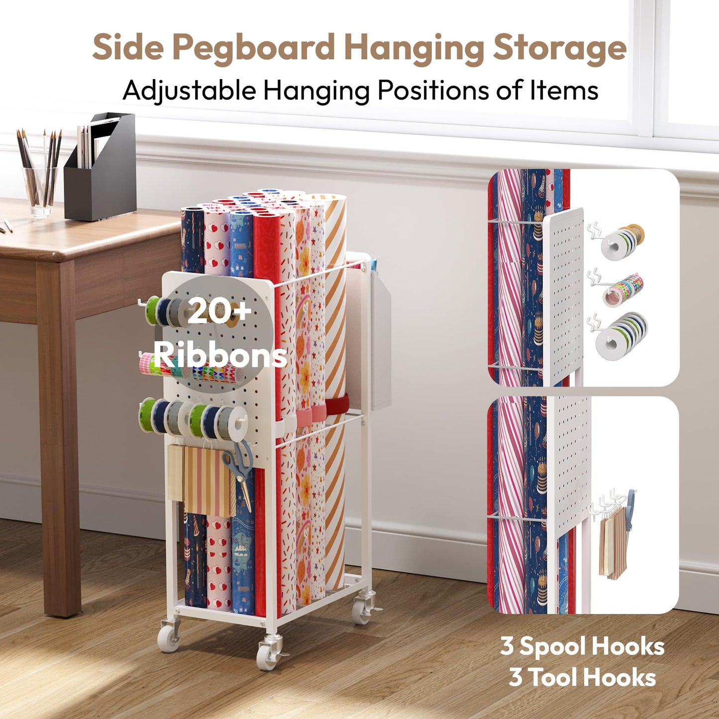 Sunnacate Wrapping Paper Organizer Cart with 12PCS Slap Bands, Rolling Gift Wrapping Organizer Storage Wrapping Paper Station Ribbon Holder, Blueprint Poster Holder, Craft Organizers and Storage