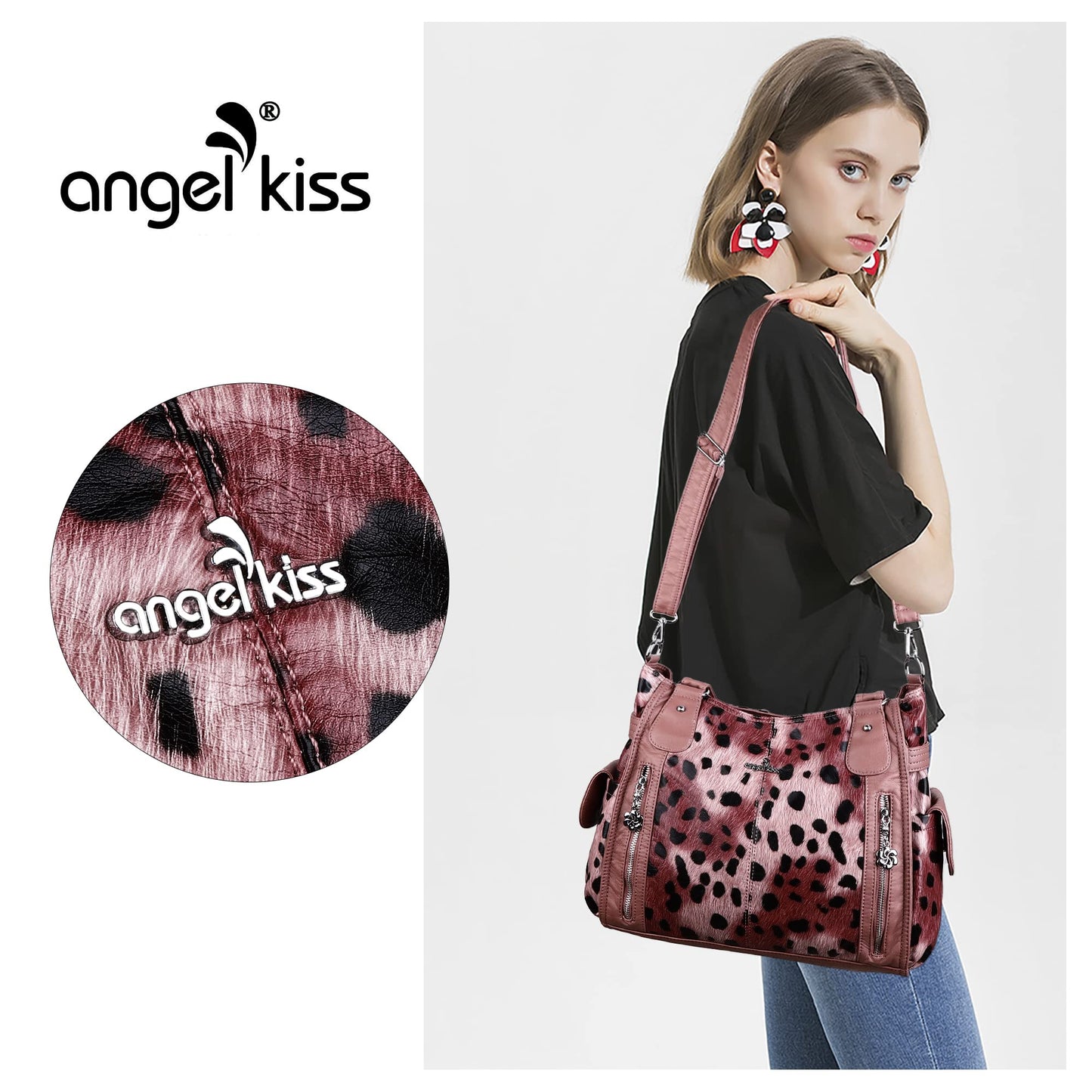 Angel Kiss Handbags for Womens Top-Handle Hobo Purse Roomy Casual Shoulder Bags PU Tote Satchel Purse for Womens 14leopard Pink