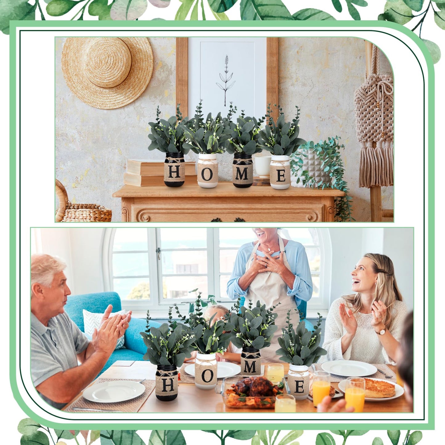 4 Pcs Home Centerpiece for Table Artificial Eucalyptus Mason Jar Centerpieces with Vase and Fake Plants Home Tabletop Tiered Tray Decor for Office Farmhouse Bathroom Dining Kitchen Decor