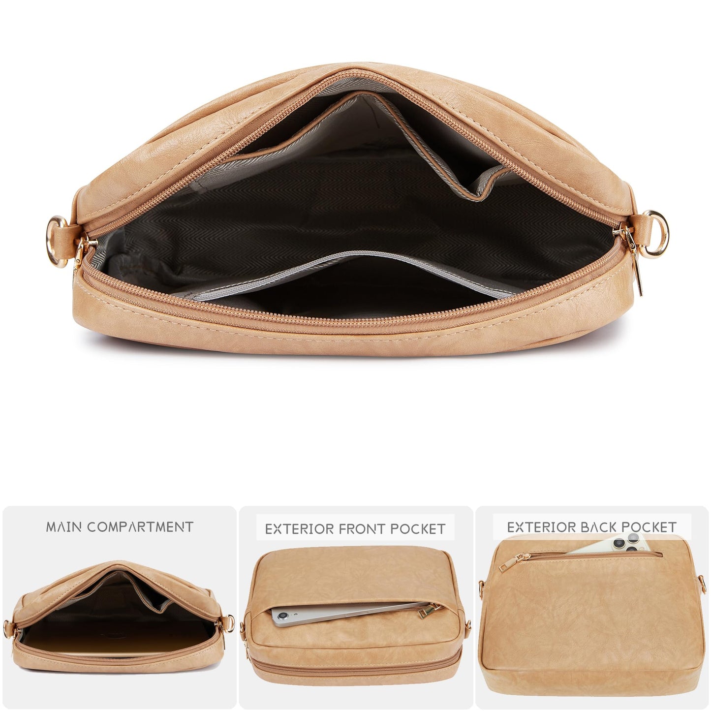 Cynure Women's Leather Crossbody Bag Zipper Shoulder Camera Purse, Khaki