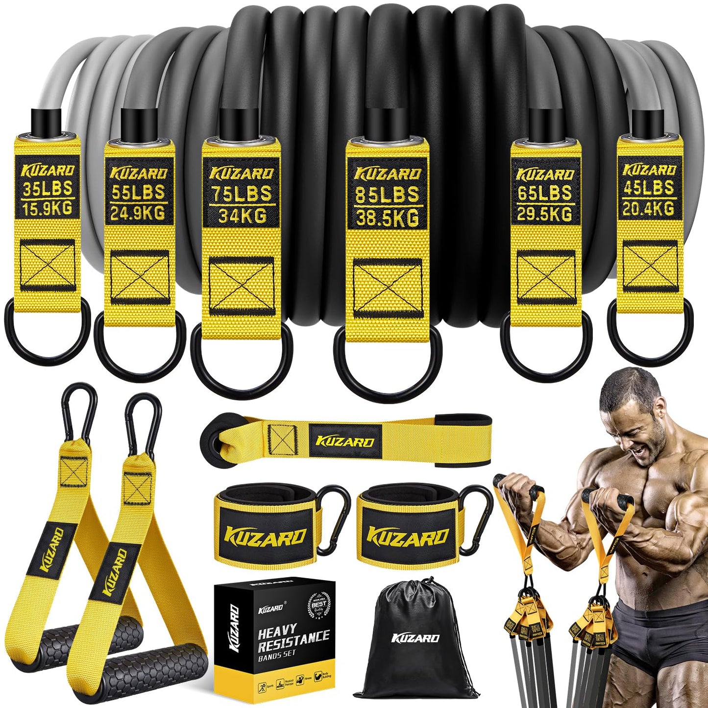 360lbs Heavy Resistance Bands for Working Out, KUZARO Resistance Bands with Handles, Weight Exercise Bands for Men Women, Workout Bands with Door Anchor and Ankle Straps Strength Training Equipment