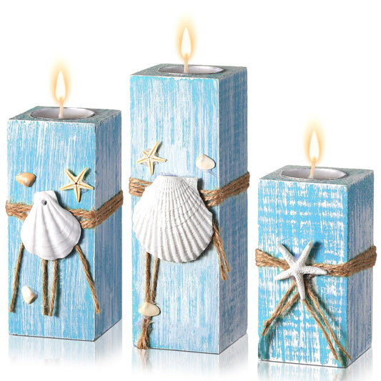Suzile 3 Pcs Summer Ocean with Candles Tealight Candle Holders Decorations Wood Table Sign Starfish Scallop Tealight Marine Life Candlesticks for Table Centerpiece Tiered Tray Decor