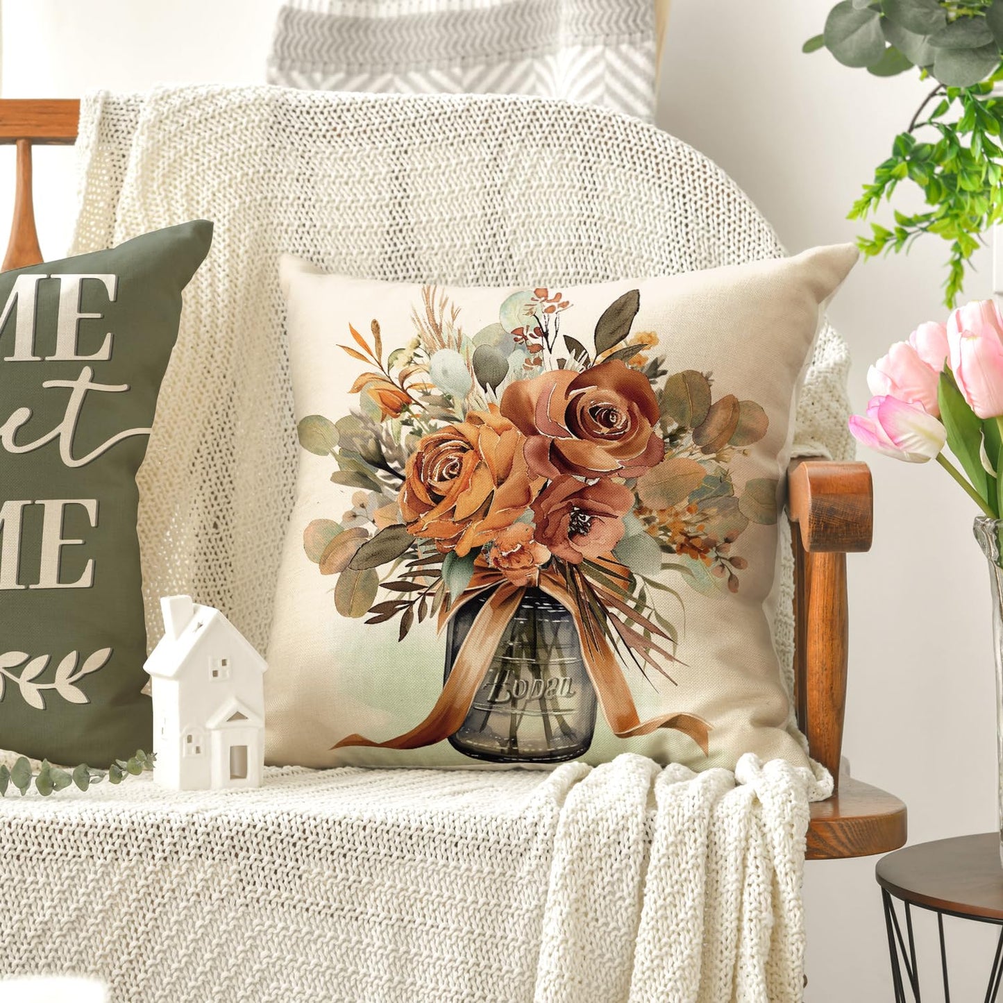AVOIN colorlife Home Sweet Home Terracotta Sage Throw Pillow Covers, 18 x 18 Inch Seasonal Fall Eucalyptus Floral Motto Cushion Case for Sofa Couch Set of 4