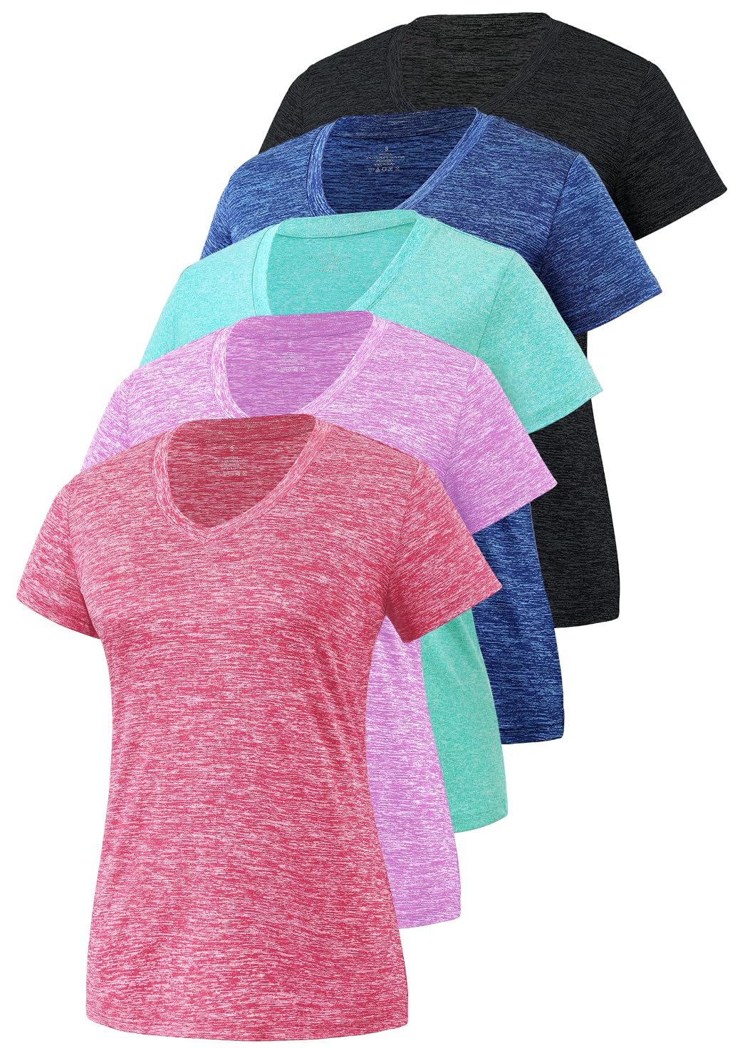 Cosy Pyro Women's Short Sleeve V-Neck Athletic T-Shirt Exercise Yoga Tees Dry Fit Gym Shirts Moisture Wicking Workout Tops Pack of 5 Black1/Navy/Azure/Purple/Rose L