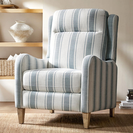 HULALA HOME Pushback Recliner Chair with Solid Wood Legs, Fabric Striped Comfy Upholstered Seating with Footrest, Armchair for Living Room/Reading, Blue