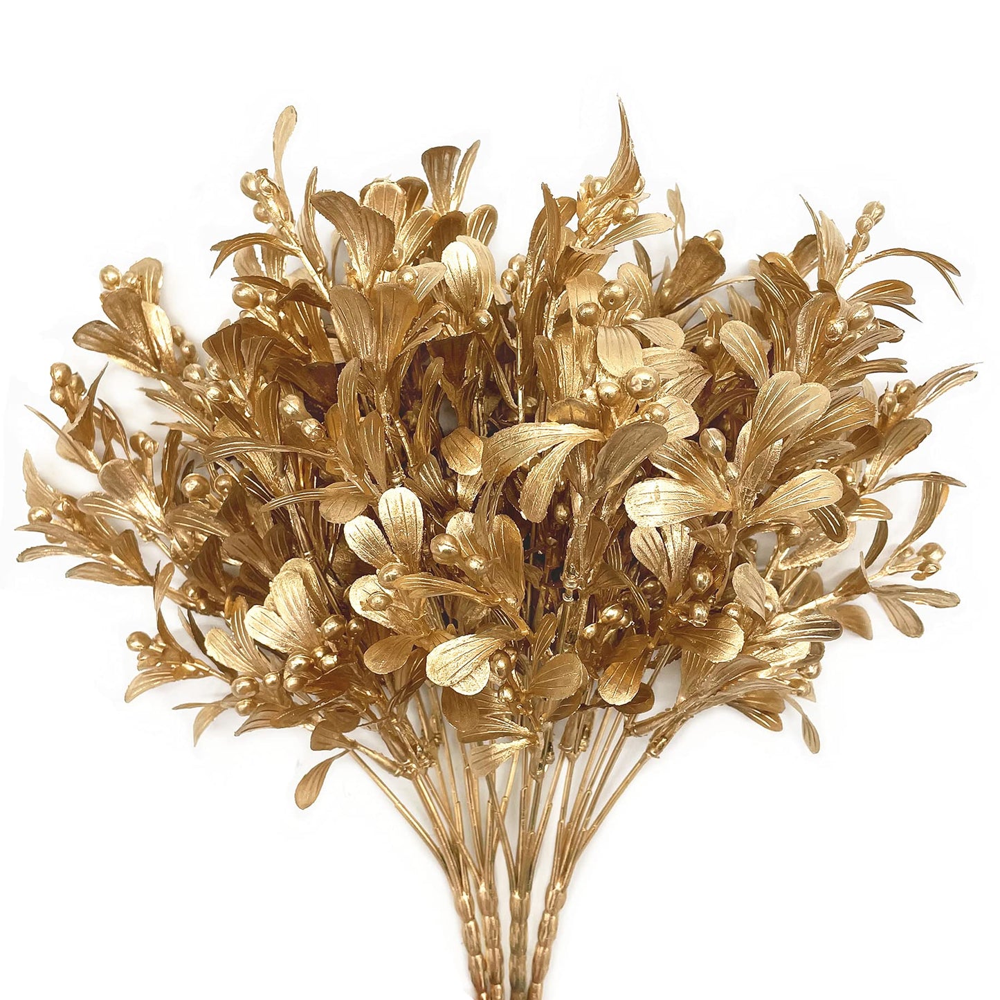 PASYOU Fake Plants Christmas Decorations, Golden Artificial Flowers Plastic Grass Shrubs Leaves Indoor Outdoor Home Garden Party Hotel Verandah Wedding Event Bouquet Faux DIY Decor - Gold 4 Pack