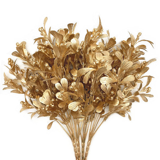 PASYOU Fake Plants Christmas Decorations, Golden Artificial Flowers Plastic Grass Shrubs Leaves Indoor Outdoor Home Garden Party Hotel Verandah Wedding Event Bouquet Faux DIY Decor - Gold 4 Pack
