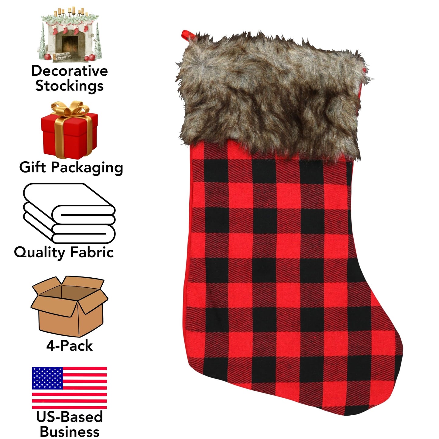 Iconikal 5-Pack Red Buffalo Plaid 18-Inch Christmas Stockings - Fabric Holiday Decor with Brown Faux Fur Cuff