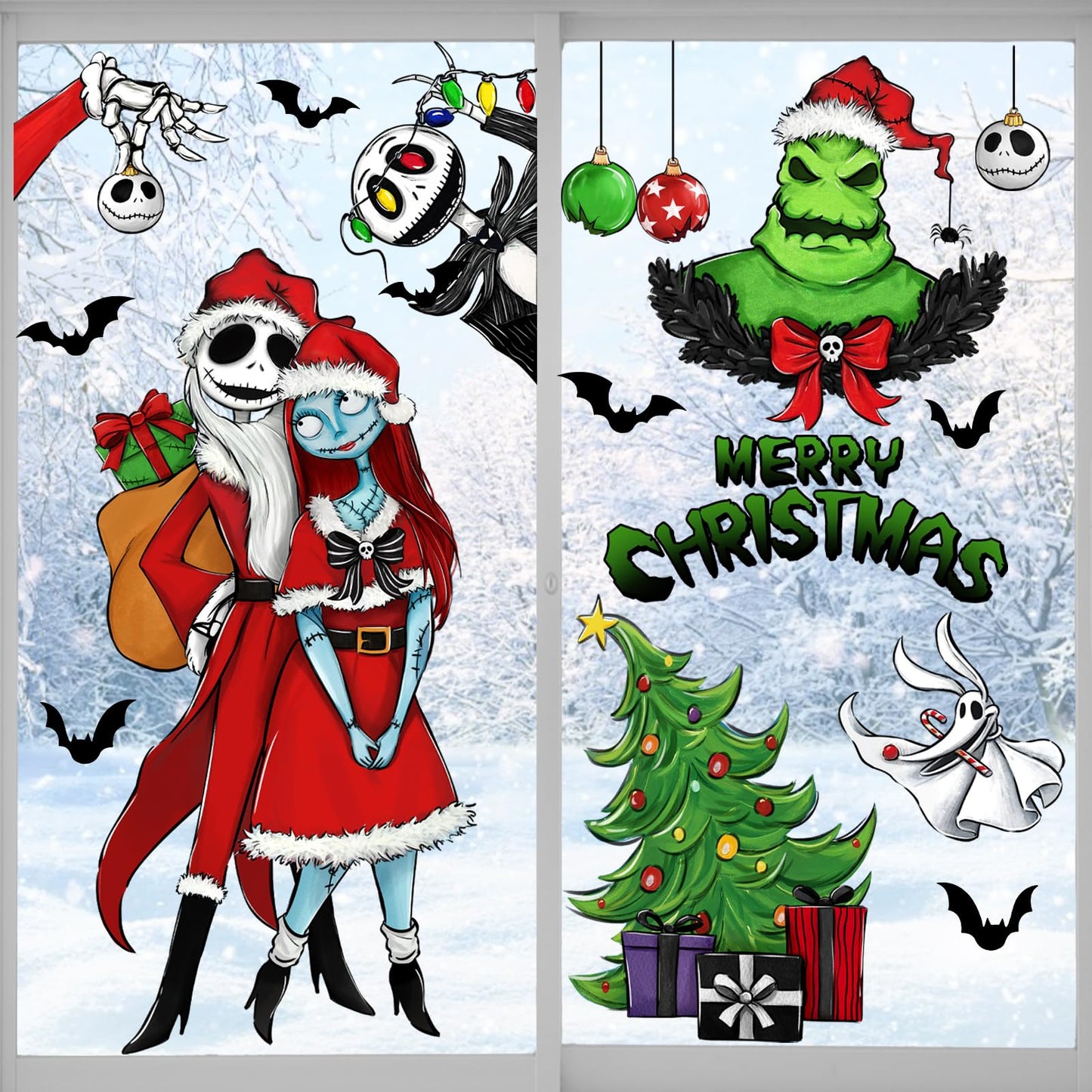 Mfault 121 PCS Merry Christmas Nigh.tmare BEF.ore Christmas Window Clings 9 Sheets, Jack Sally Xmas Tree Skull Stickers Decal Decoration, 2025 New Year Home Kitchen Winter Holiday Decor